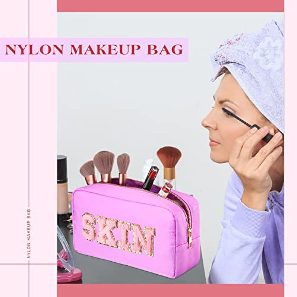Jolof Store 4-Piece Preppy Nylon Makeup Bag Set with Chenille Patches