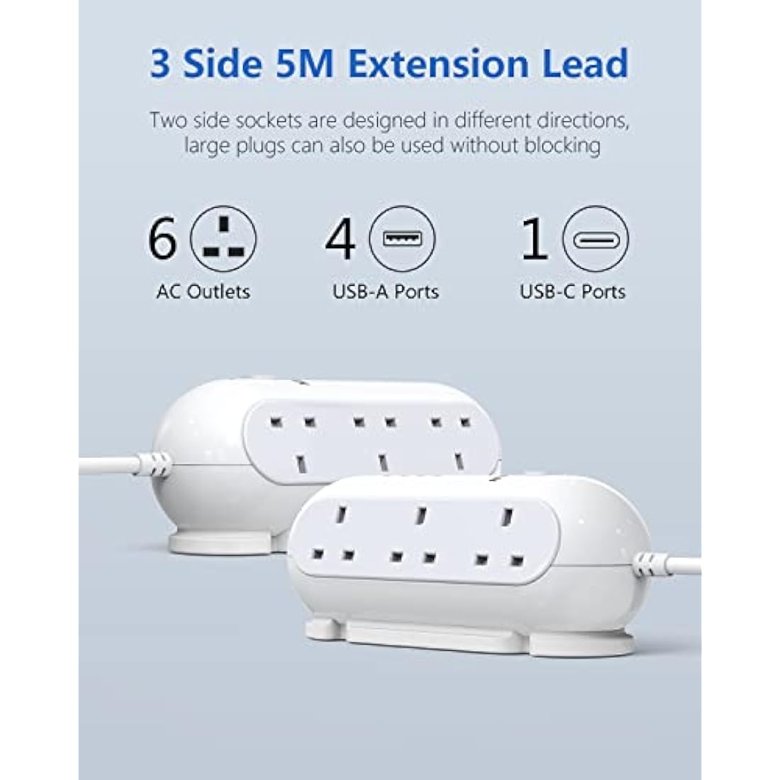 Mscien 5M Extension Lead | 6 Way Power Strip with 5 USB Ports & USB-C