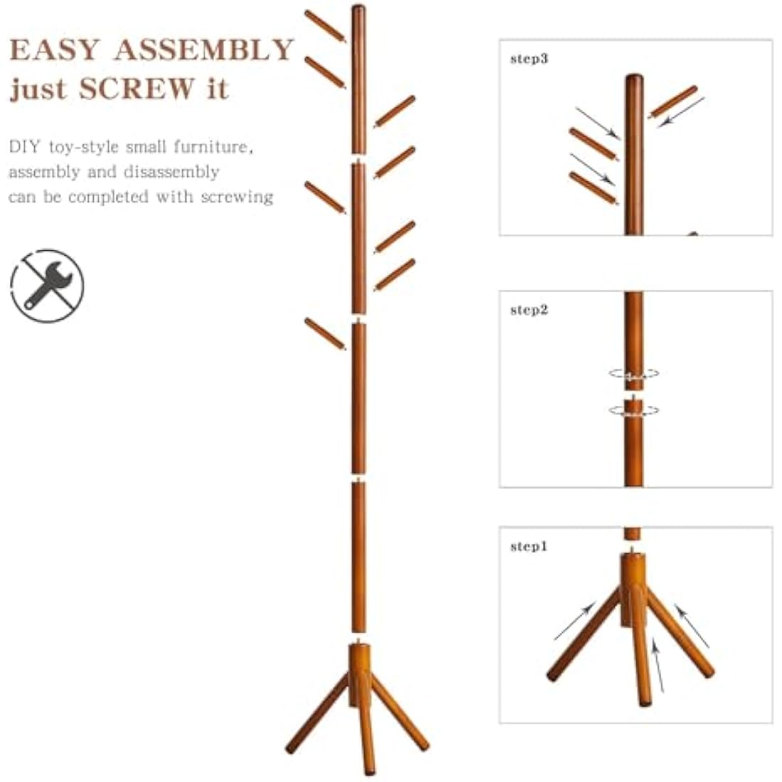 Aibiju Wood Coat Rack Free Standing | 8 Hooks Adjustable Height Tree