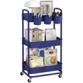 JIUYOTREE 3-Tier Rolling Utility Cart with Hanging Cups & Wheels - Blue