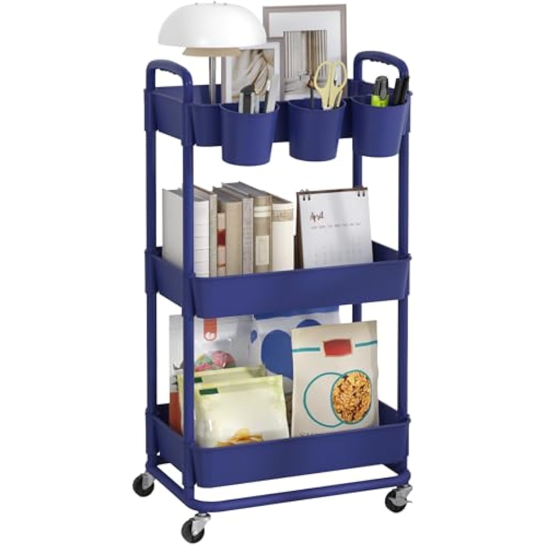 JIUYOTREE 3-Tier Rolling Utility Cart with Hanging Cups & Wheels - Blue