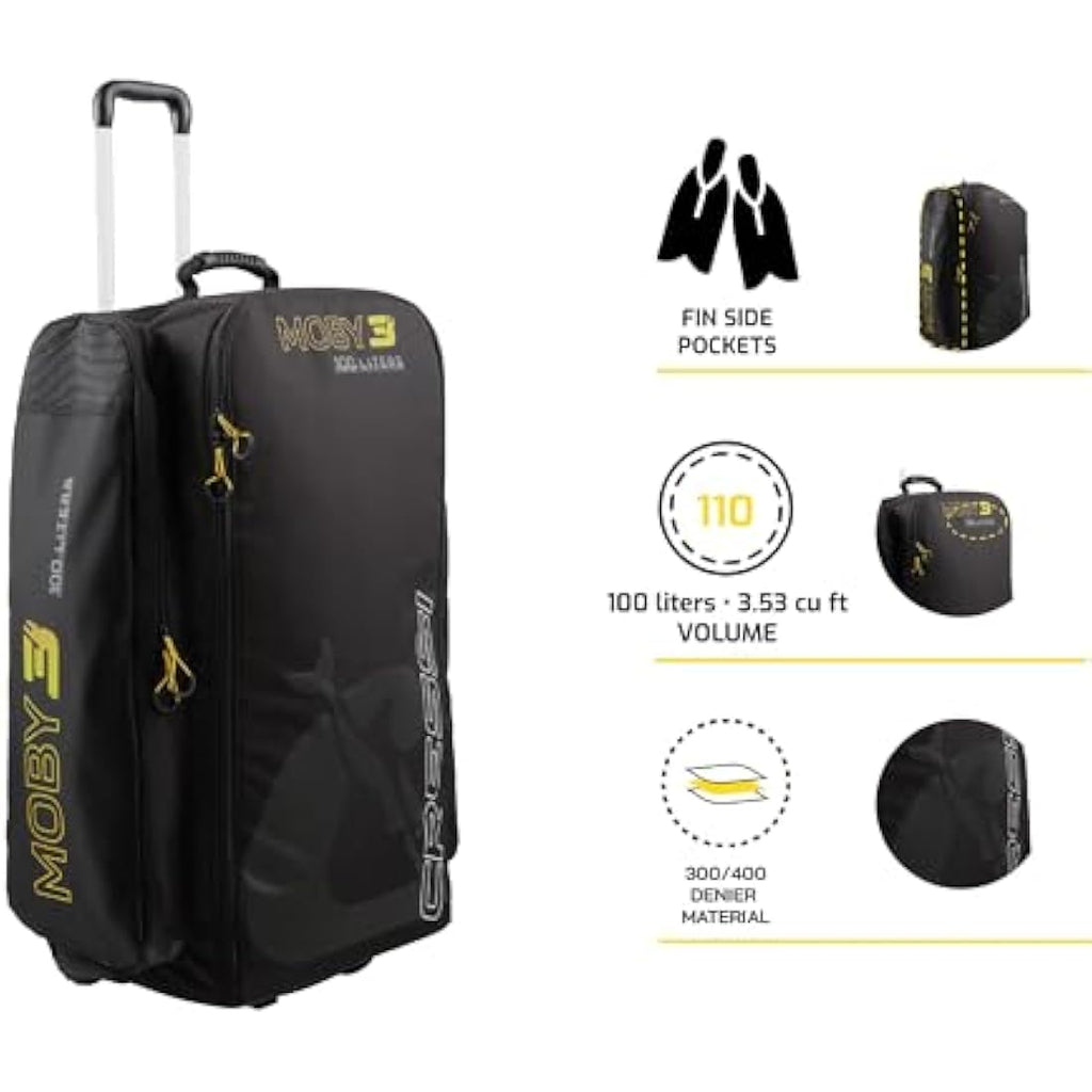 Cressi Moby 3 Scuba Diving Trolley Bag | 100L Wheeled Luggage – Black/Yellow