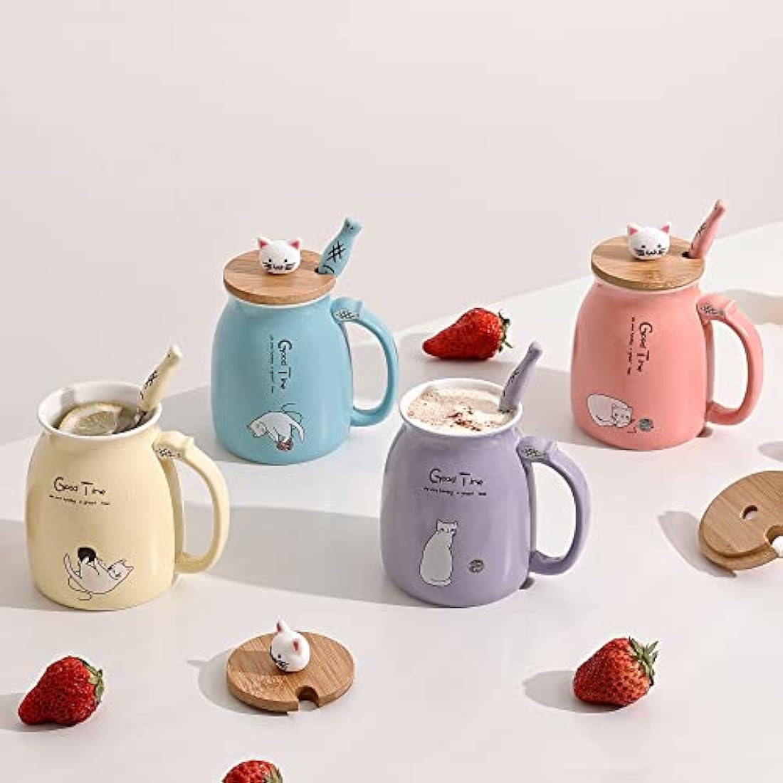 Cute Cat Ceramic Mug Set - 4 Coffee Cups with Lids and Spoons