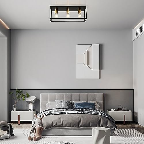 Jolof Store 3-Light Industrial Flush Mount Black Metal Cage Ceiling Light