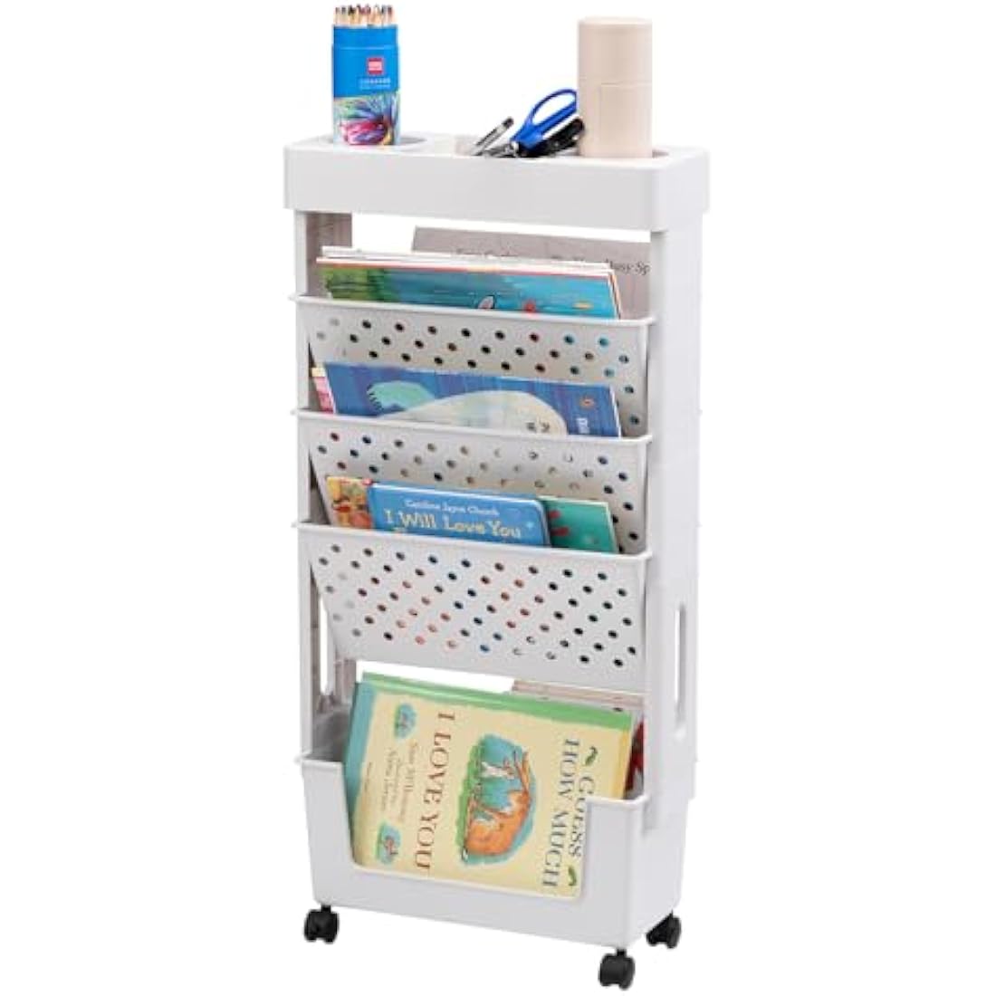 DOEWORKS 5-Tier Mobile Bookshelf – Slim Rolling Storage Trolley, White