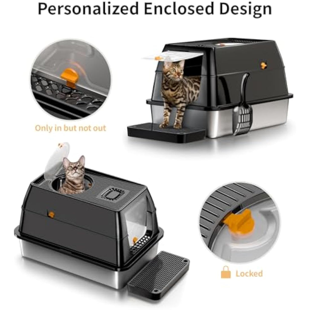 Eosarcu XXL Stainless Steel Cat Litter Box with Lid | Enclosed Black
