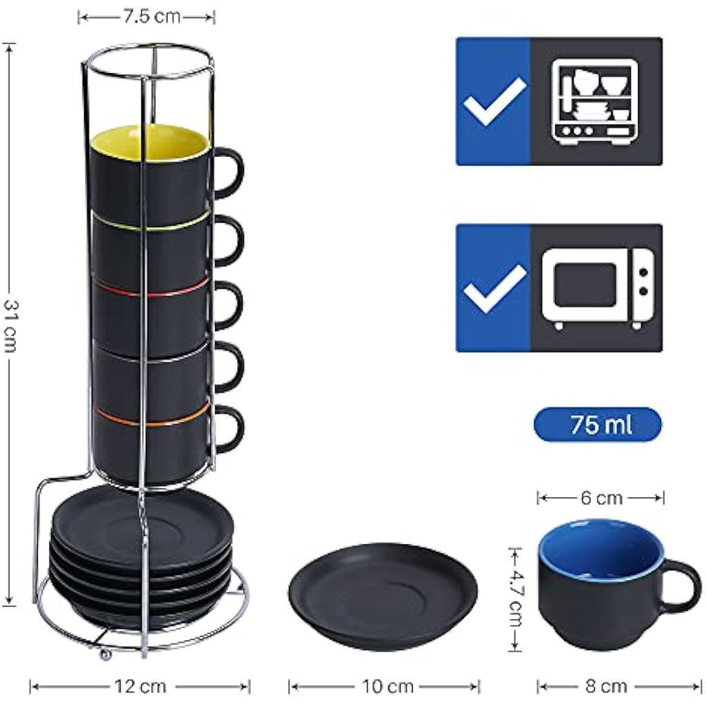MIAMIO 75ml Espresso Cup Set of 6 | Matte Black Ceramic with Stand