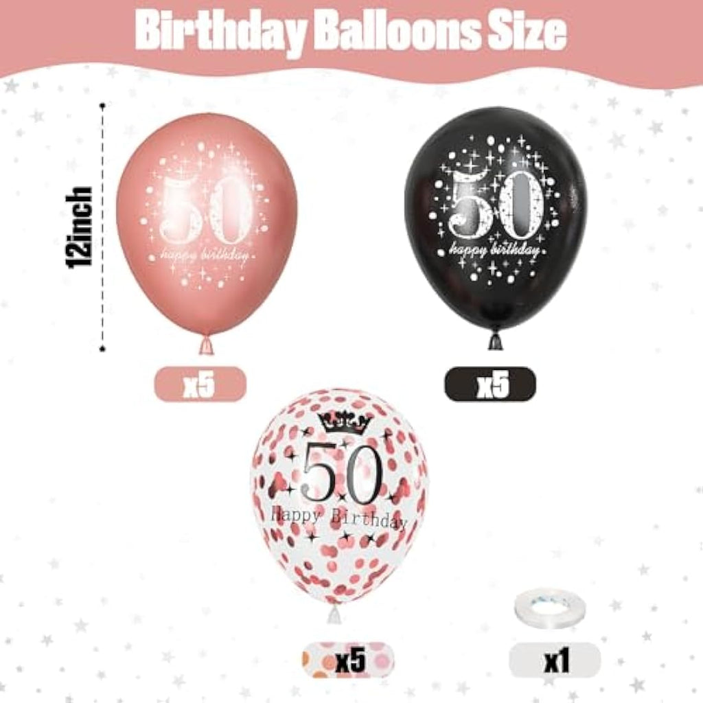 50th Birthday Balloons - 15pc Rose Gold & Black Party Decor