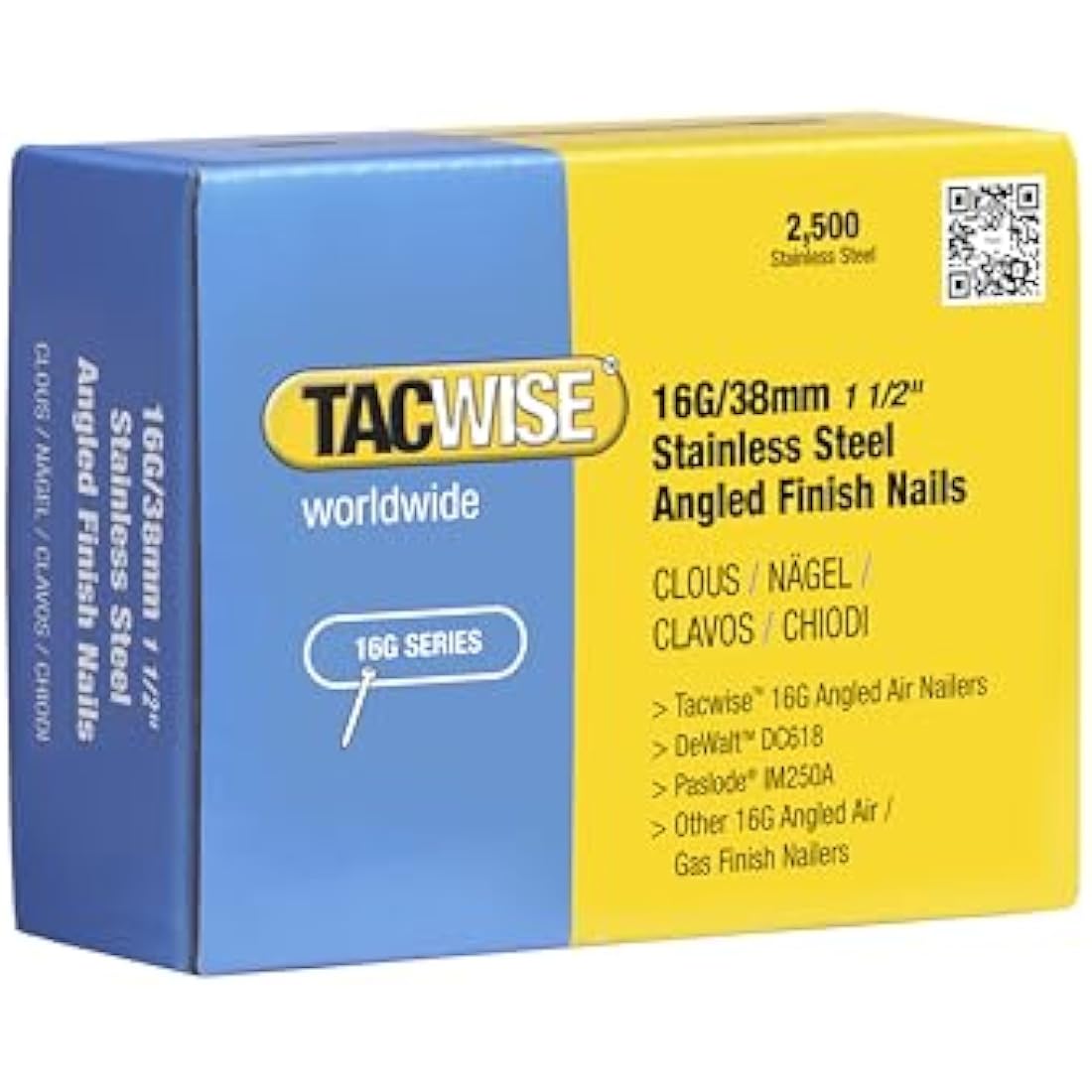 Tacwise 16G Angled Finish Nails | 38mm Stainless Steel (2500 Pack)