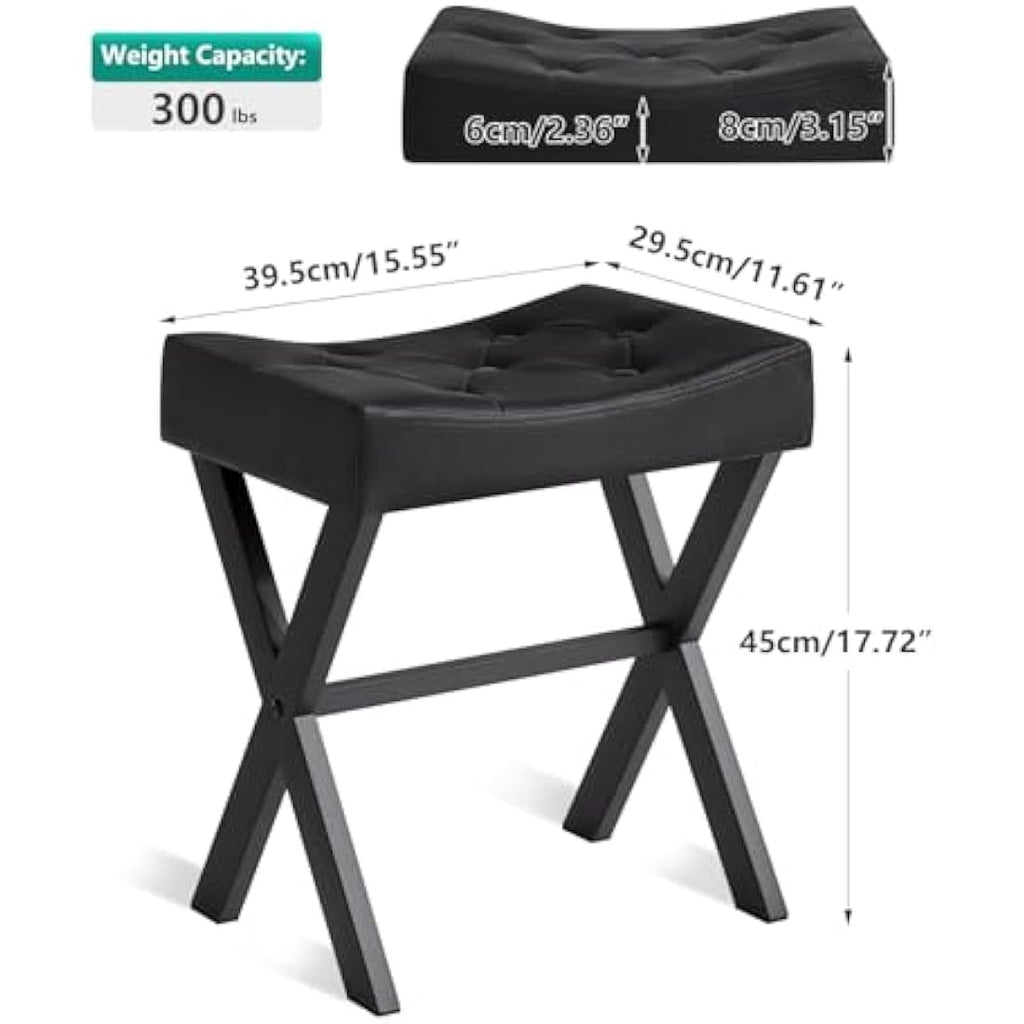 IBUYKE U-Shaped PU Leather Vanity Stool - Black X-Leg Makeup Ottoman