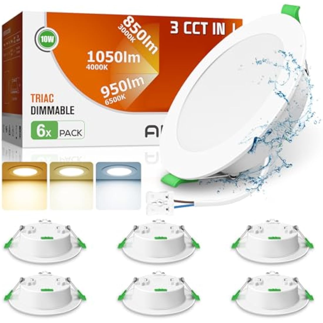 ALUSSO LED Downlights 10W Dimmable 3CCT IP44 Recessed Spotlights, 6 Pack