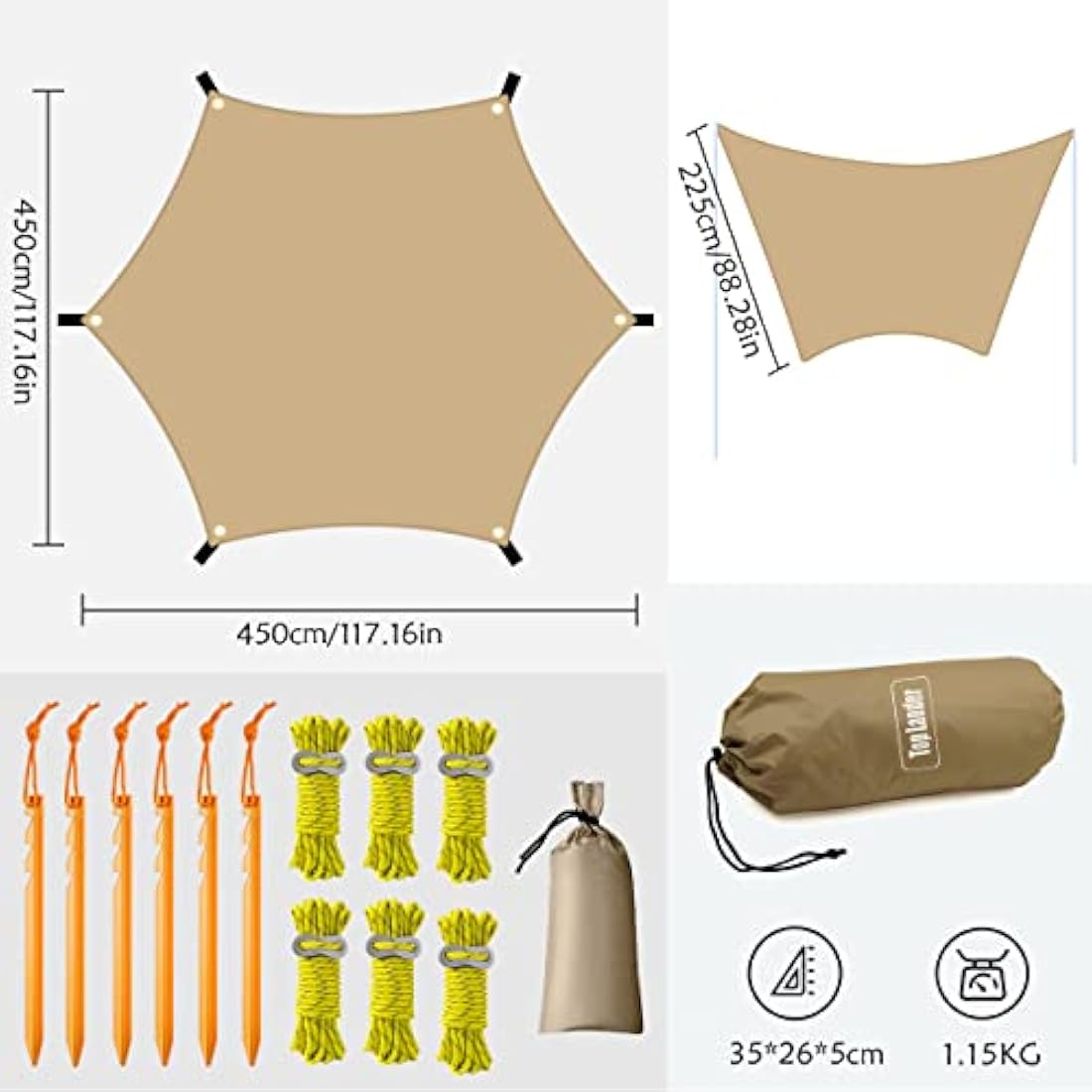 4.5x4.5m Waterproof Camping Tarp – Ultralight Hexagon Shelter