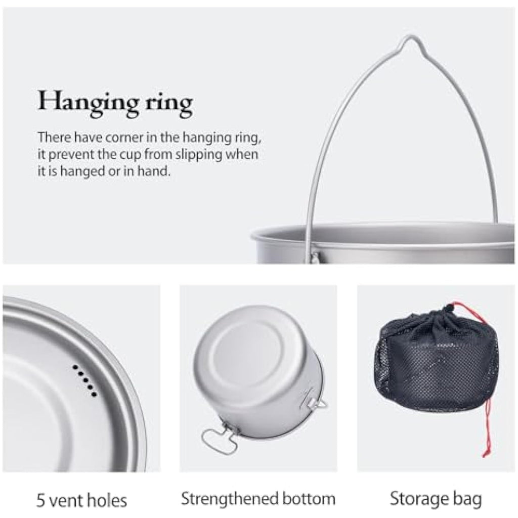 iBasingo 1.3L Titanium Hanging Pot | Ultralight Camping Cookware