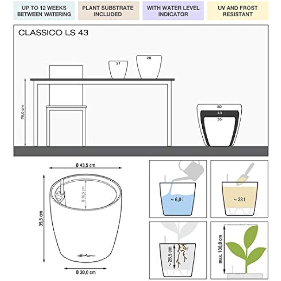 Lechuza Classico 43 LS Self-Watering Planter | Black High-Gloss Pot