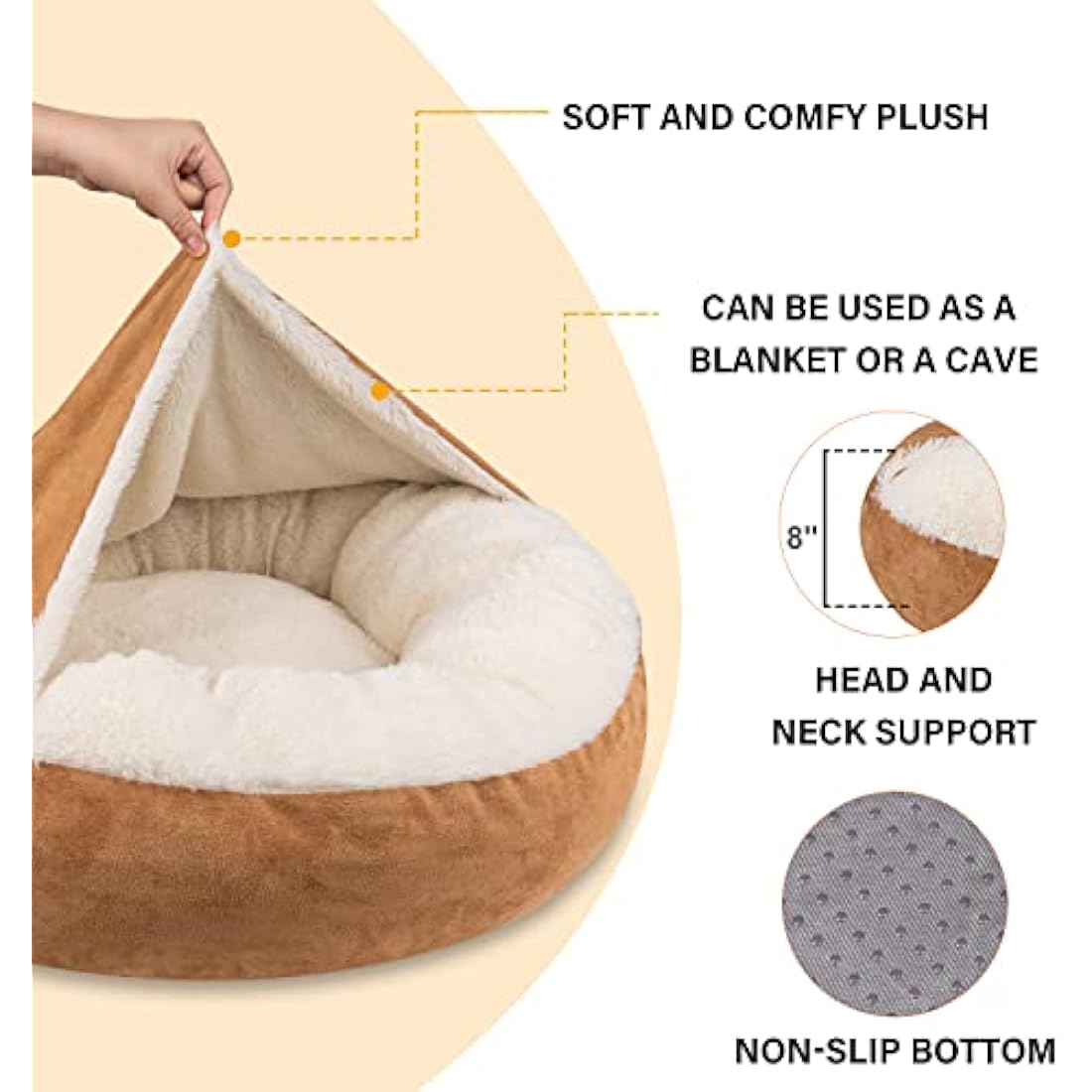 MICOOYO Hooded Donut Dog Bed – Calming Faux Fur Cave Bed, Wheat, Large