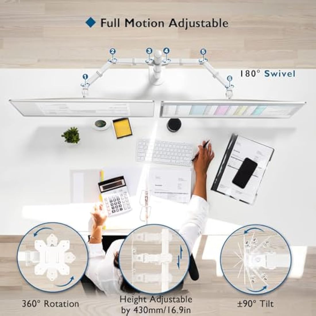 BONTEC Dual Monitor Stand – Ergonomic Height Adjustable Desk Mount, White