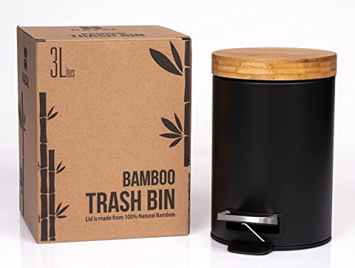 Kazai 3L Bathroom Pedal Bin | Soft Close Bamboo Lid | Matte Black