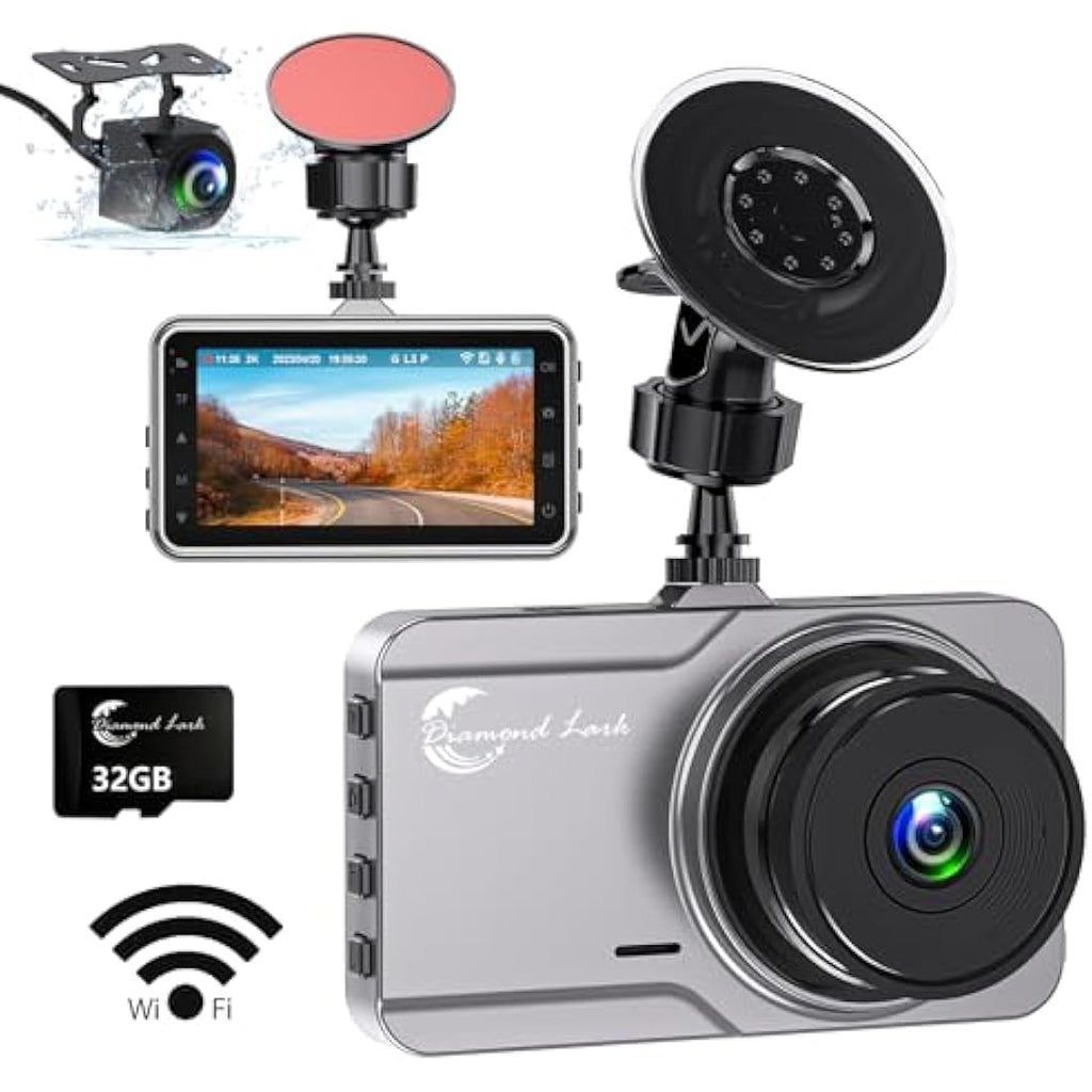 Diamond Lark 2K Dual Dash Cam – WiFi Car Camera with 32GB Card & Night Vision