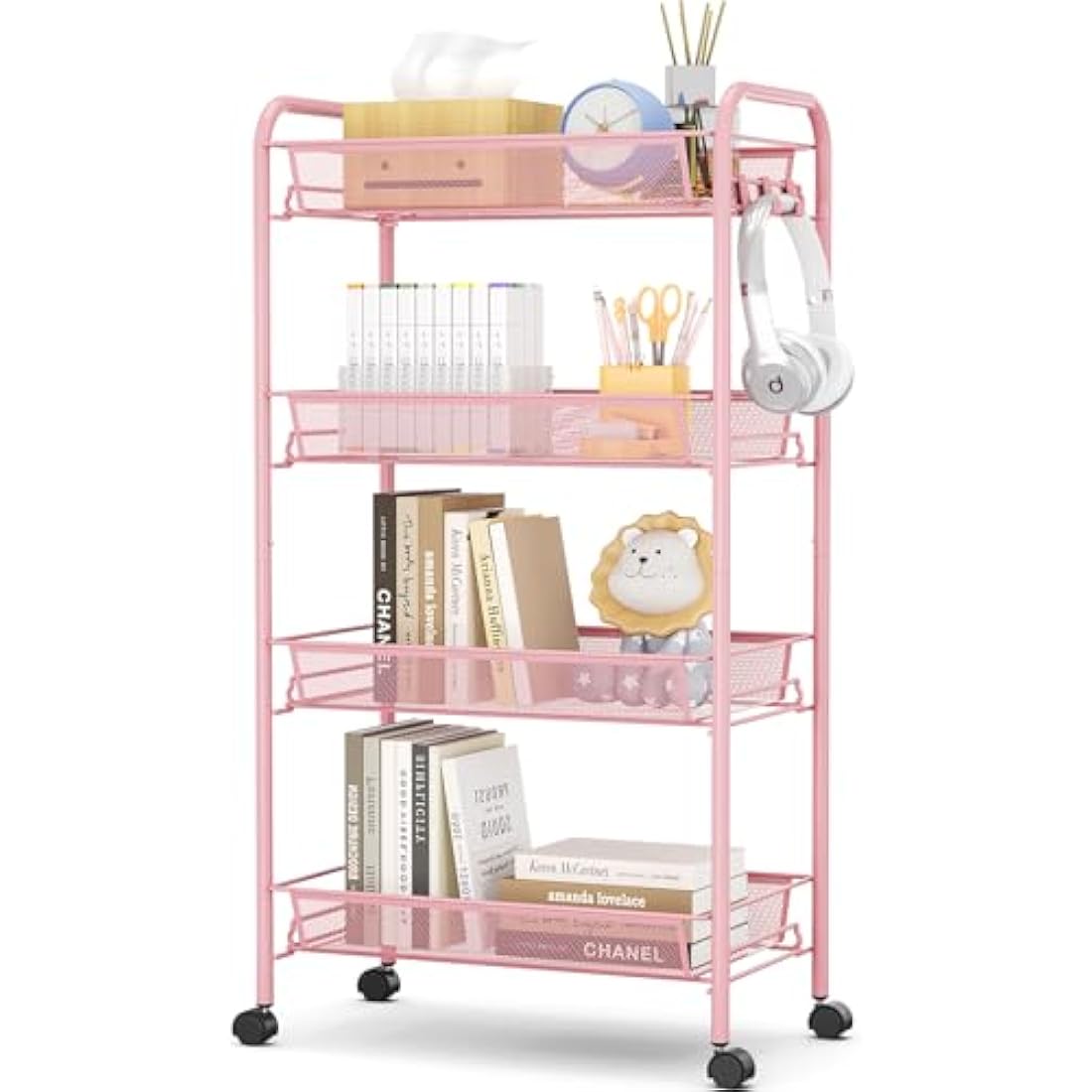 APEXCHASER 4-Tier Rolling Utility Cart | Metal Storage Trolley - Pink