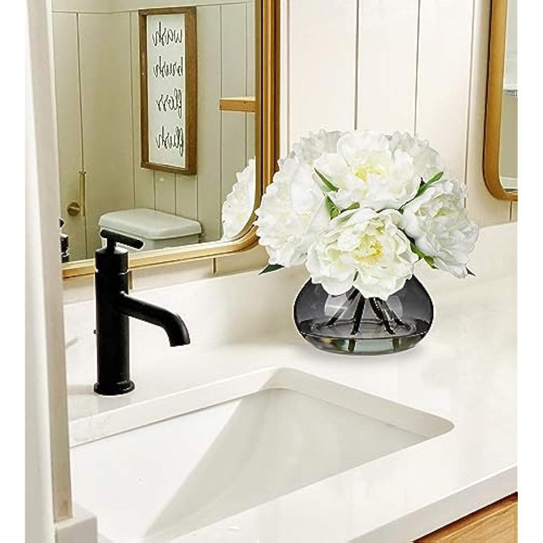 Oairse Real Touch Artificial Peony Flowers in Glass Vase with Faux Water