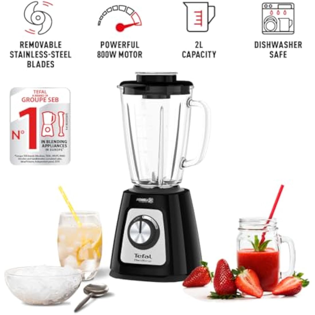 Tefal Blendforce II Glass Jug Blender | 800W Ice Crush | Black