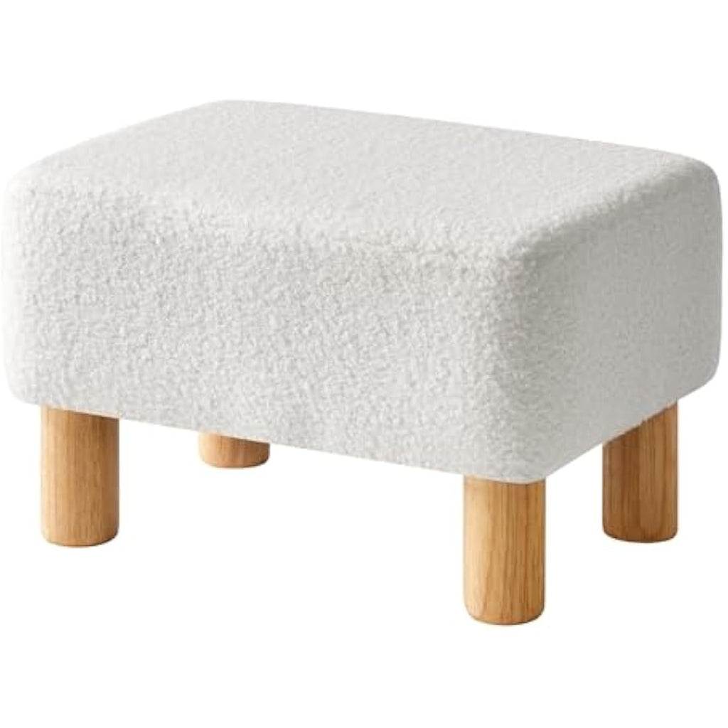 YMYNY Teddy Fleece Footstool | Rectangle Ottoman with Wooden Legs