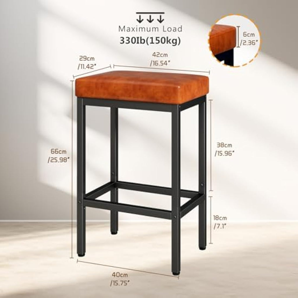 YMYNY Bar Stools Set of 2 – 66cm PU Leather Counter Stools, Caramel Brown