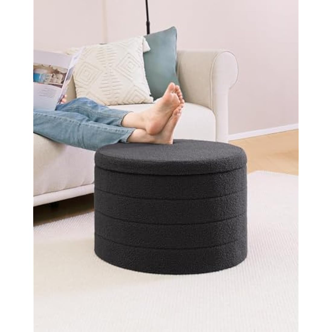 Round Storage Ottoman – Grey Boucle Teddy Fabric Footstool
