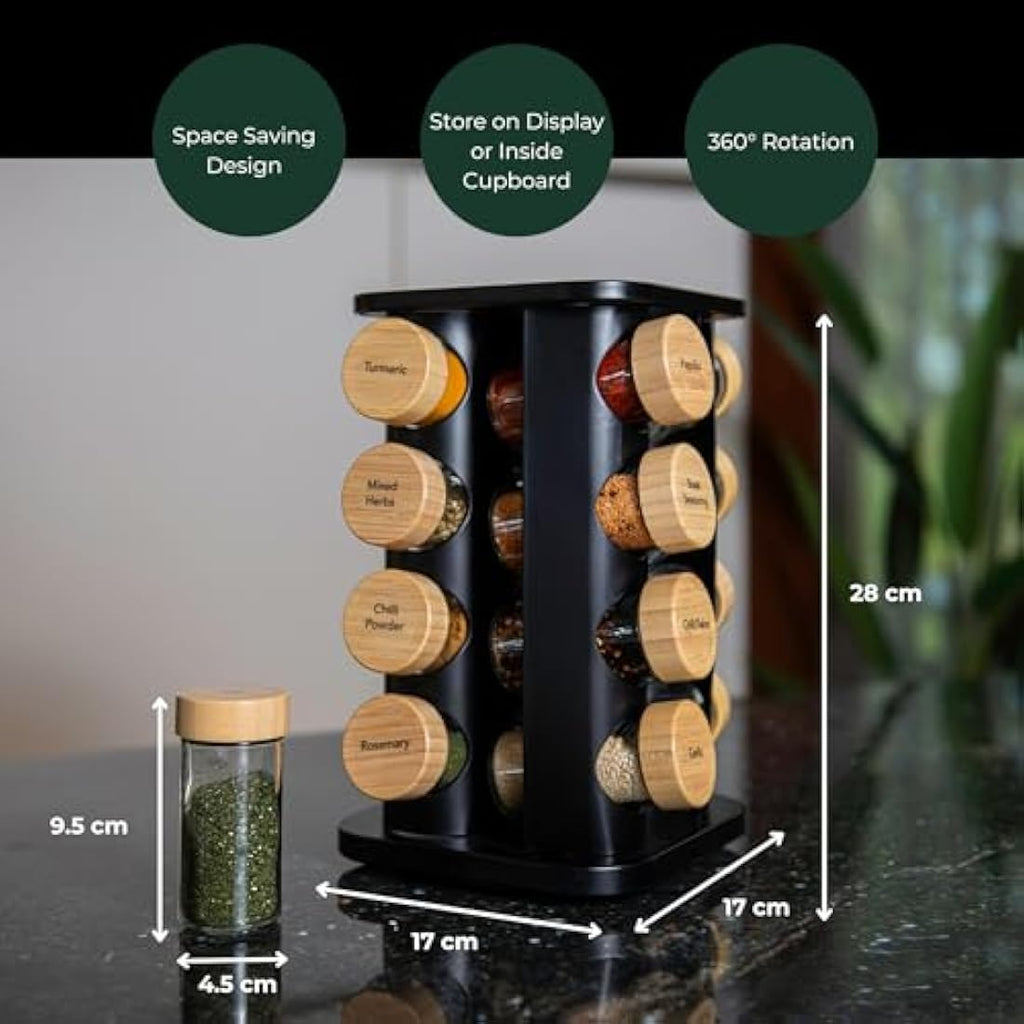 Rotating Spice Rack – 16 Glass Jars with Bamboo Lids