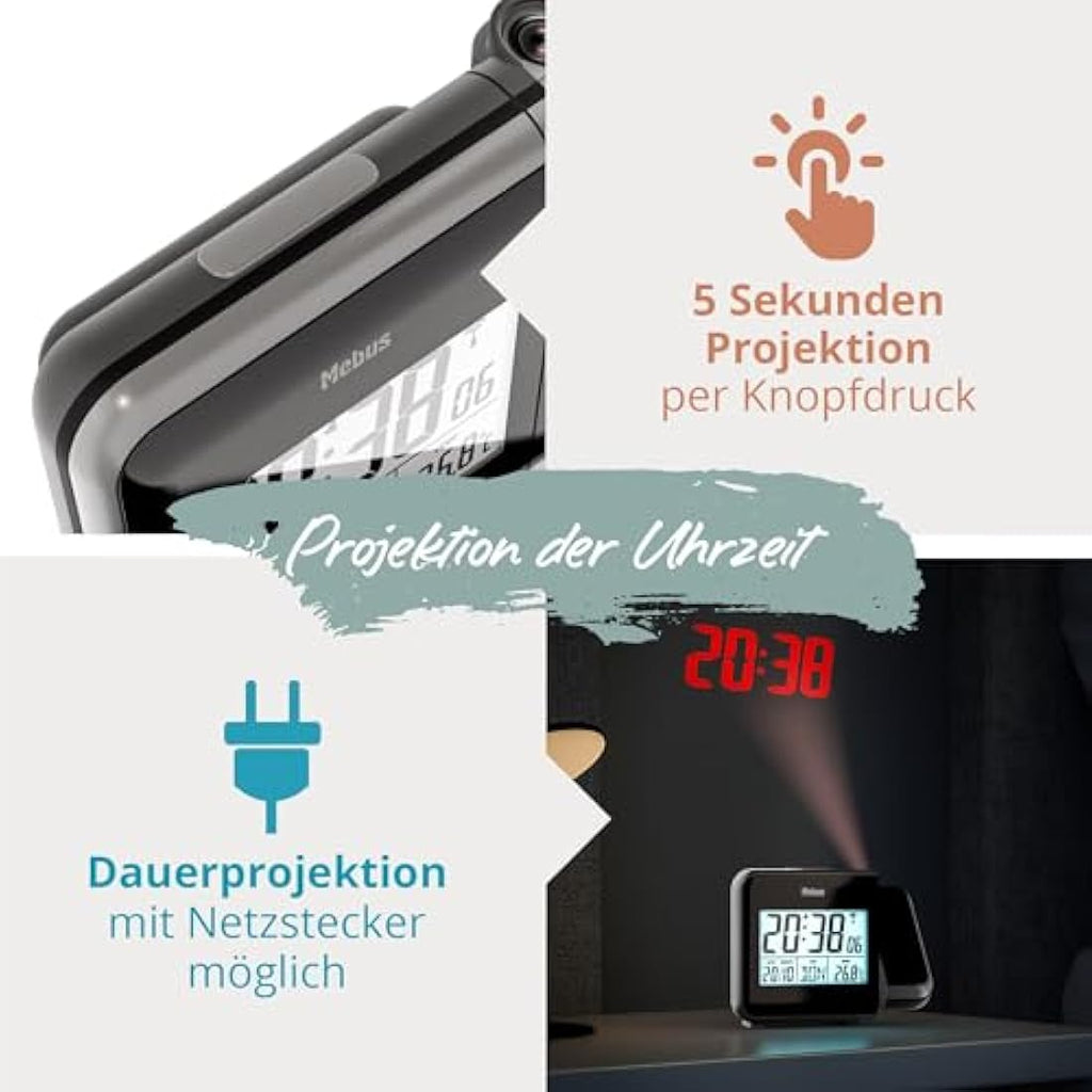 Mebus Radio Alarm Clock with Projection and Thermometer – Black