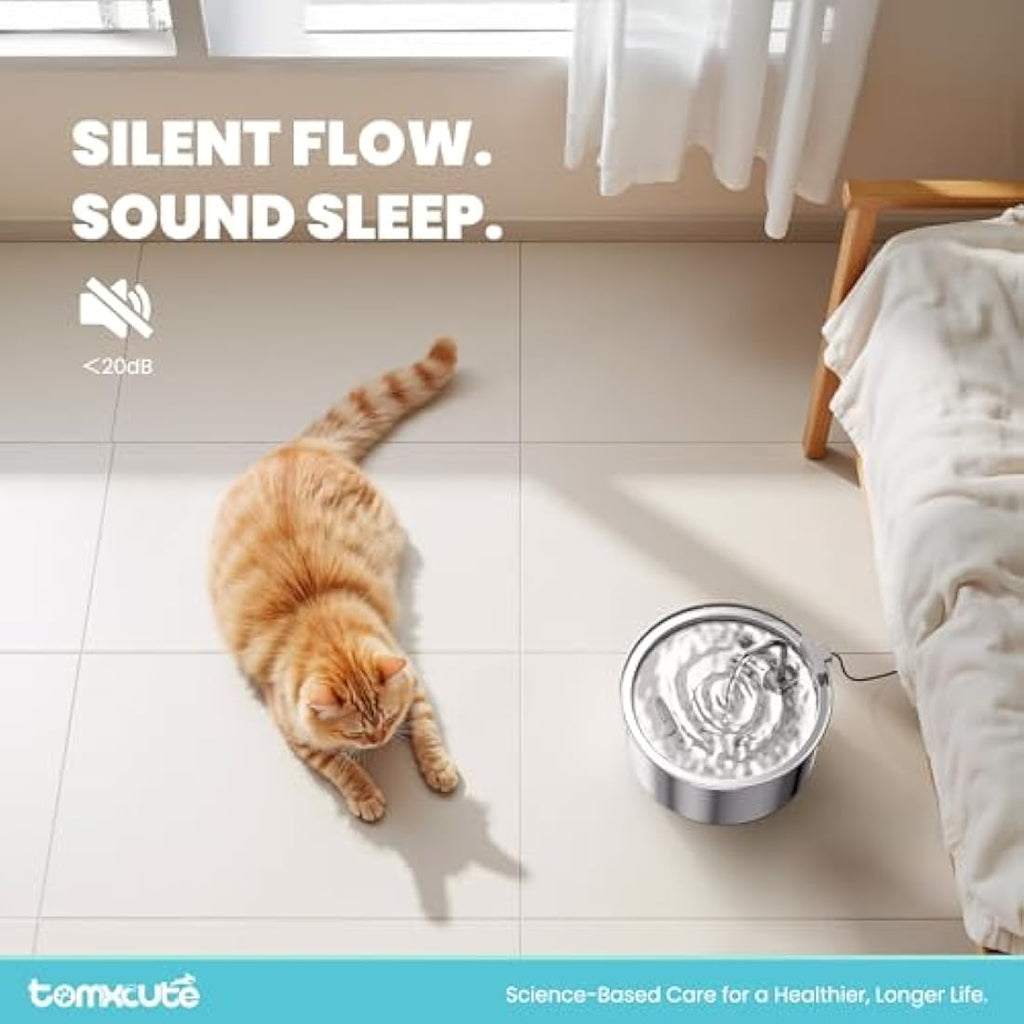 TOMXCUTE 3.2L Stainless Steel Cat Water Fountain | Ultra-Quiet Pet Dispenser