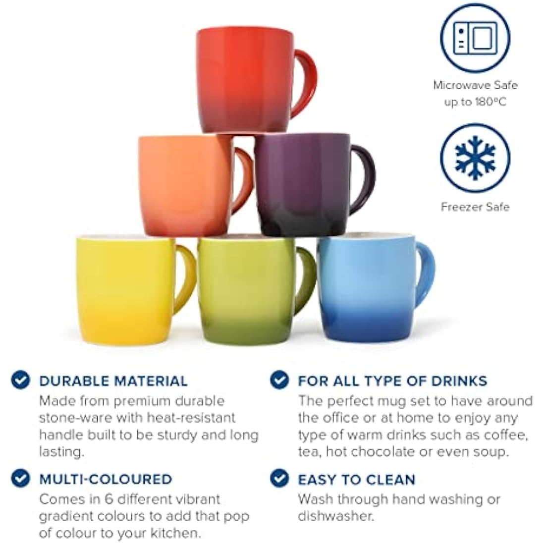 joeji's Kitchen Stoneware Coffee Mugs Set - 6 Multi-Coloured 350ml Cups