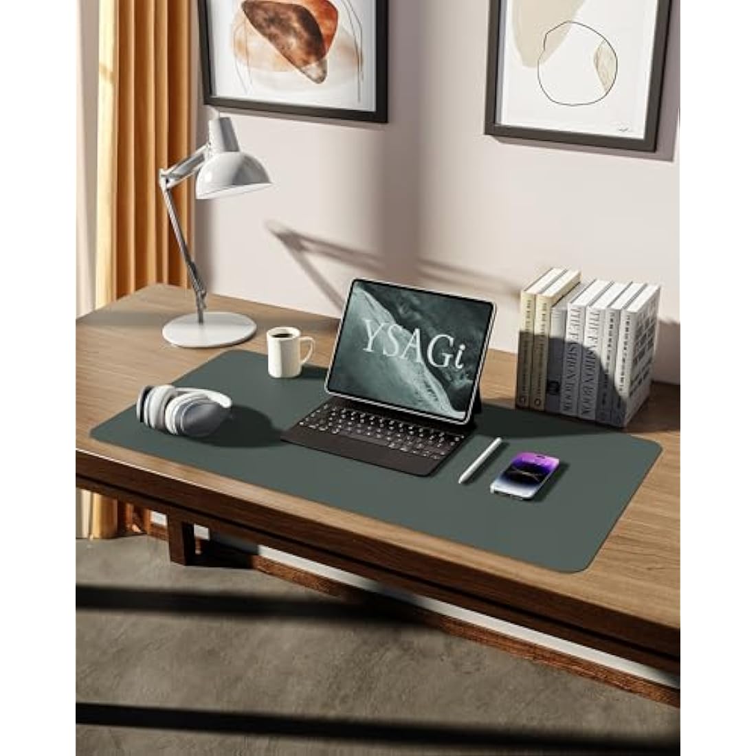 YSAGi Leather Desk Mat | Non-Slip Waterproof PU Desk Pad, Dark Green