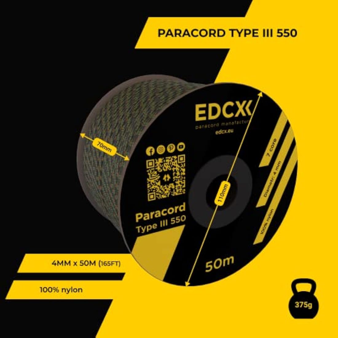 EDCX 550 Paracord – 4mm 7-Strand Nylon Rope for Camping and DIY
