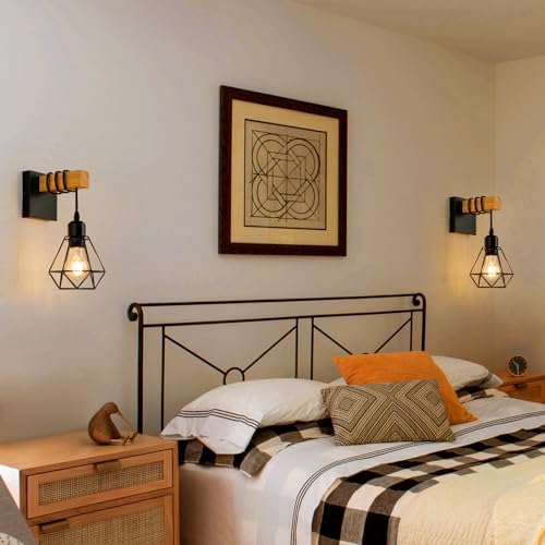 FORCOSO Industrial Wood Wall Sconce 2-Pack | Vintage Black E27 Lamp