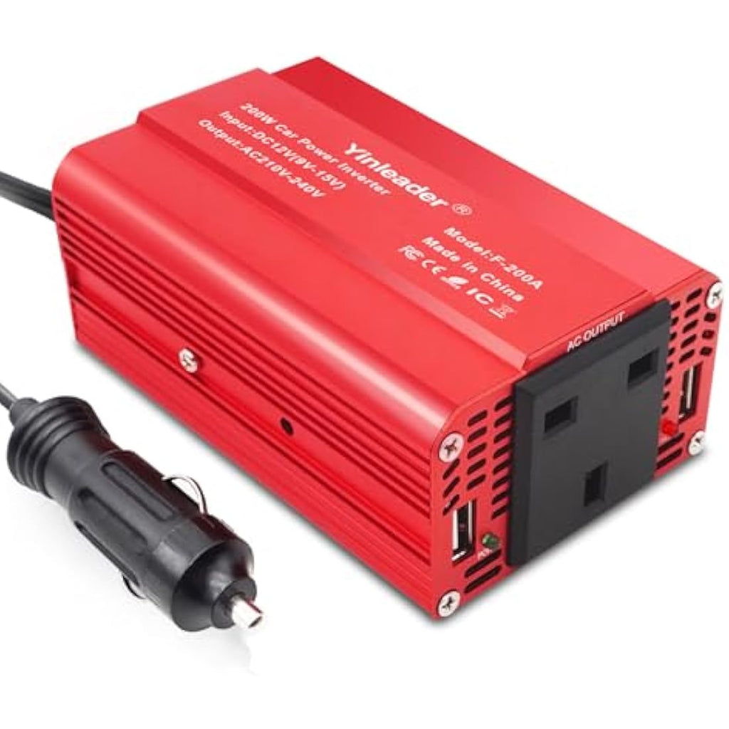 Yinleader 200W Power Inverter 12V to 240V UK Socket Dual USB Car Adapter