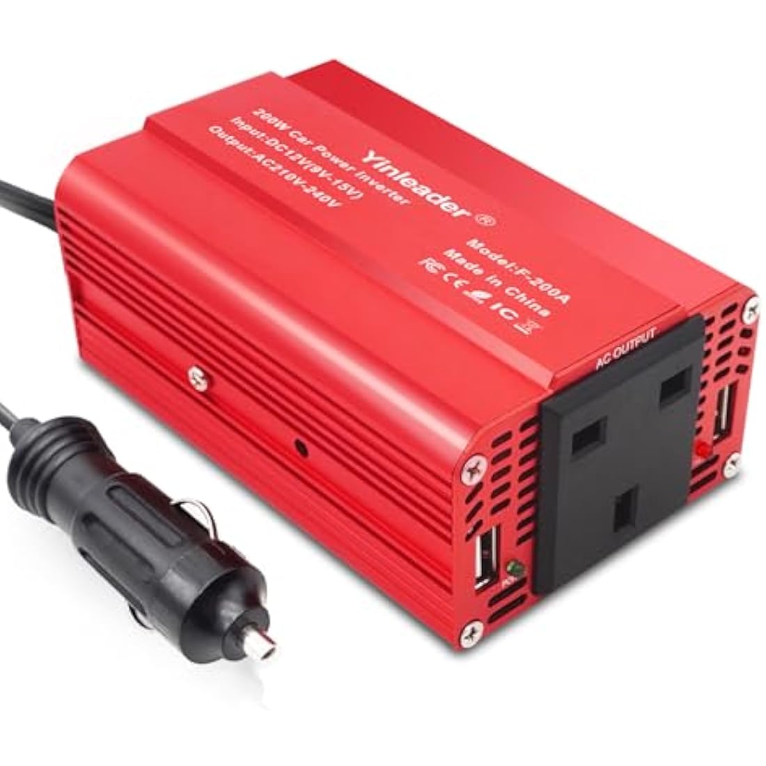 Yinleader 200W Power Inverter 12V to 240V UK Socket Dual USB Car Adapter