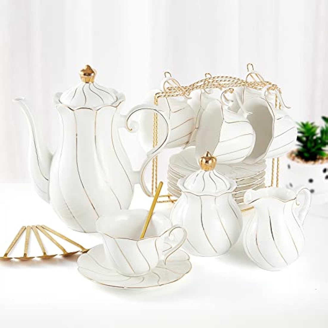 DUJUST 22-Piece White Porcelain Tea Set | Luxury British Style with Stand