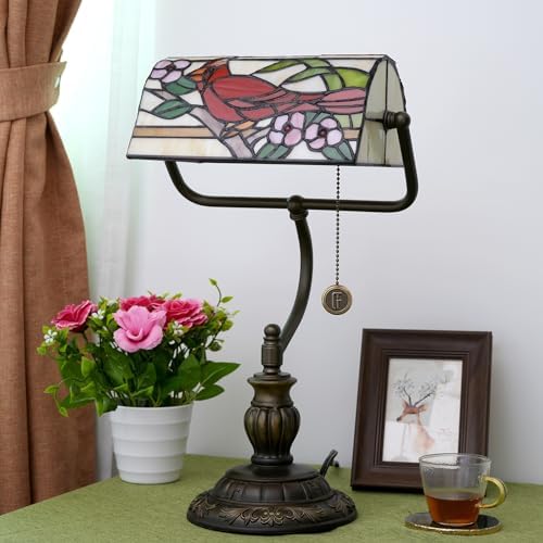 Blivuself Tiffany Bankers Lamp – Northern Cardinal Stained Glass Desk Light