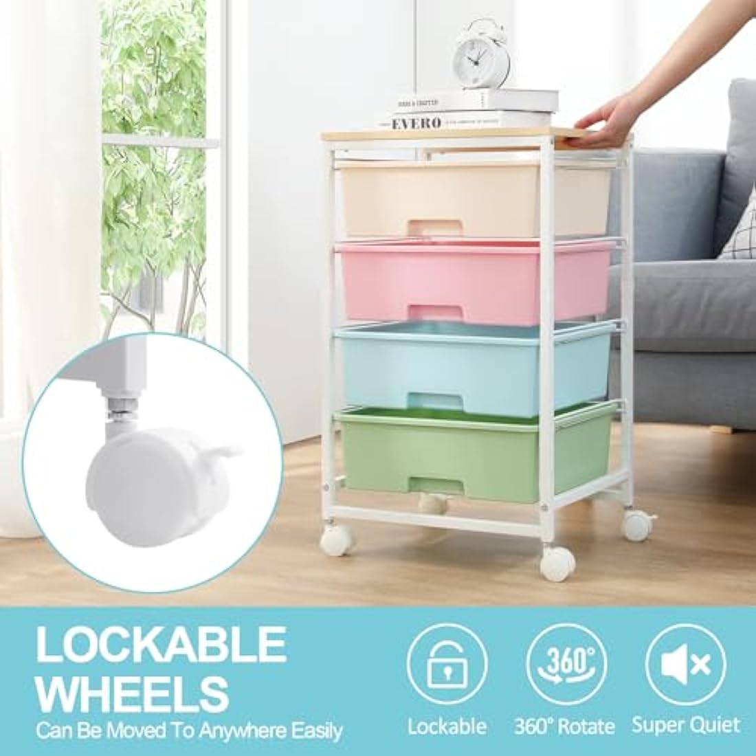 SYKIARIOL 4-Drawer Rolling Storage Cart | Mobile Utility Trolley with Wood Top