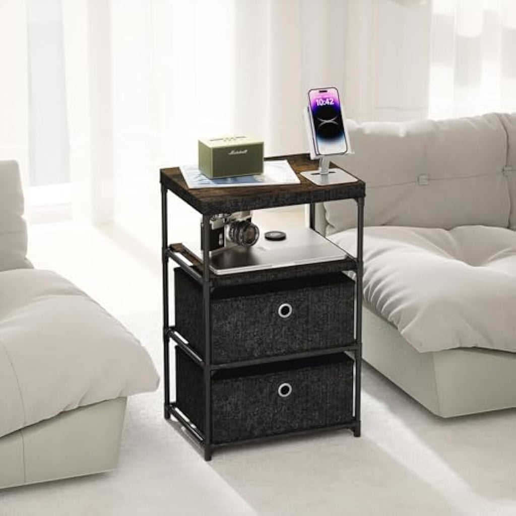 Mutool 4-Tier End Table | Nightstand with Fabric Drawers - Black