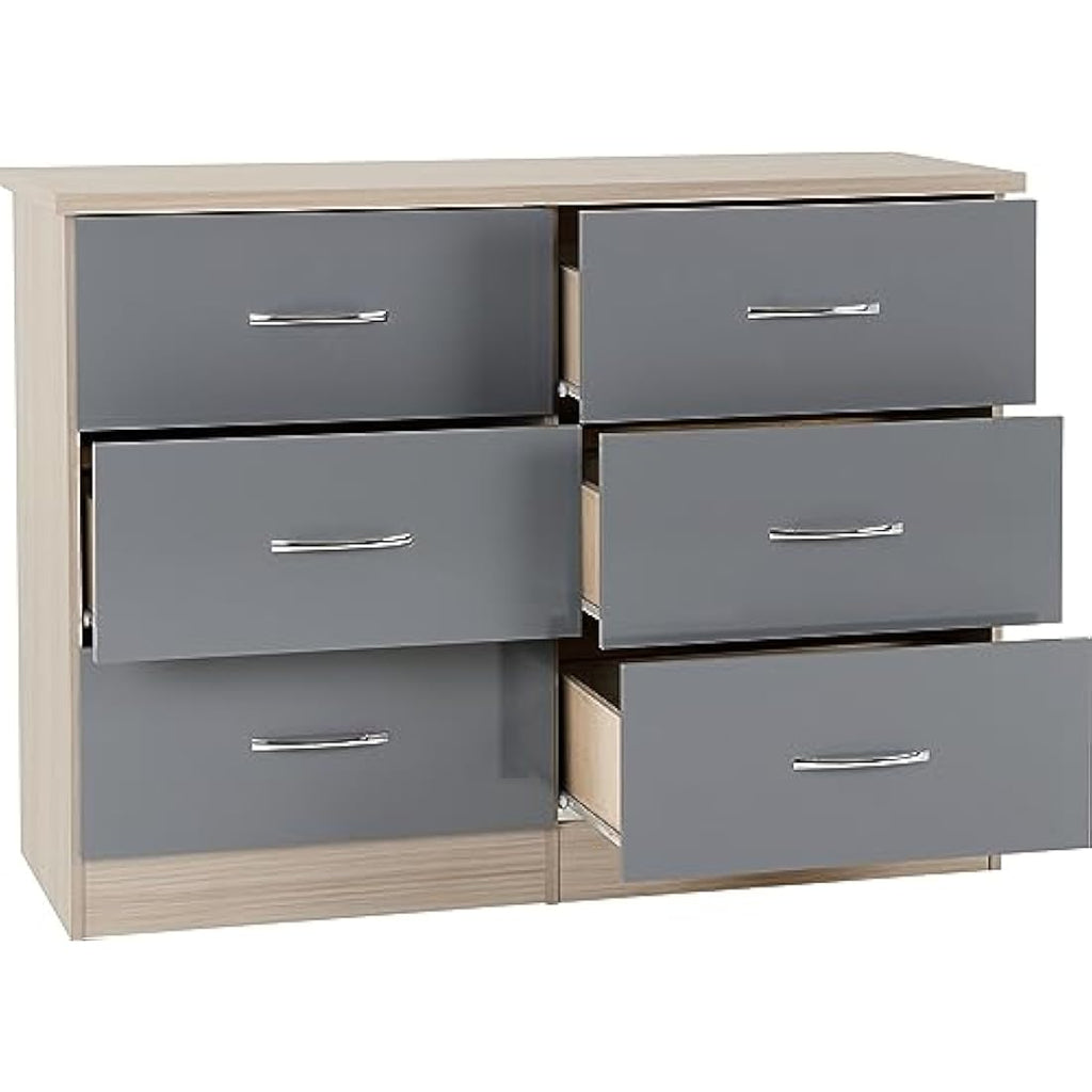 Seconique Nevada 6 Drawer Chest – Grey Gloss & Light Oak Dresser