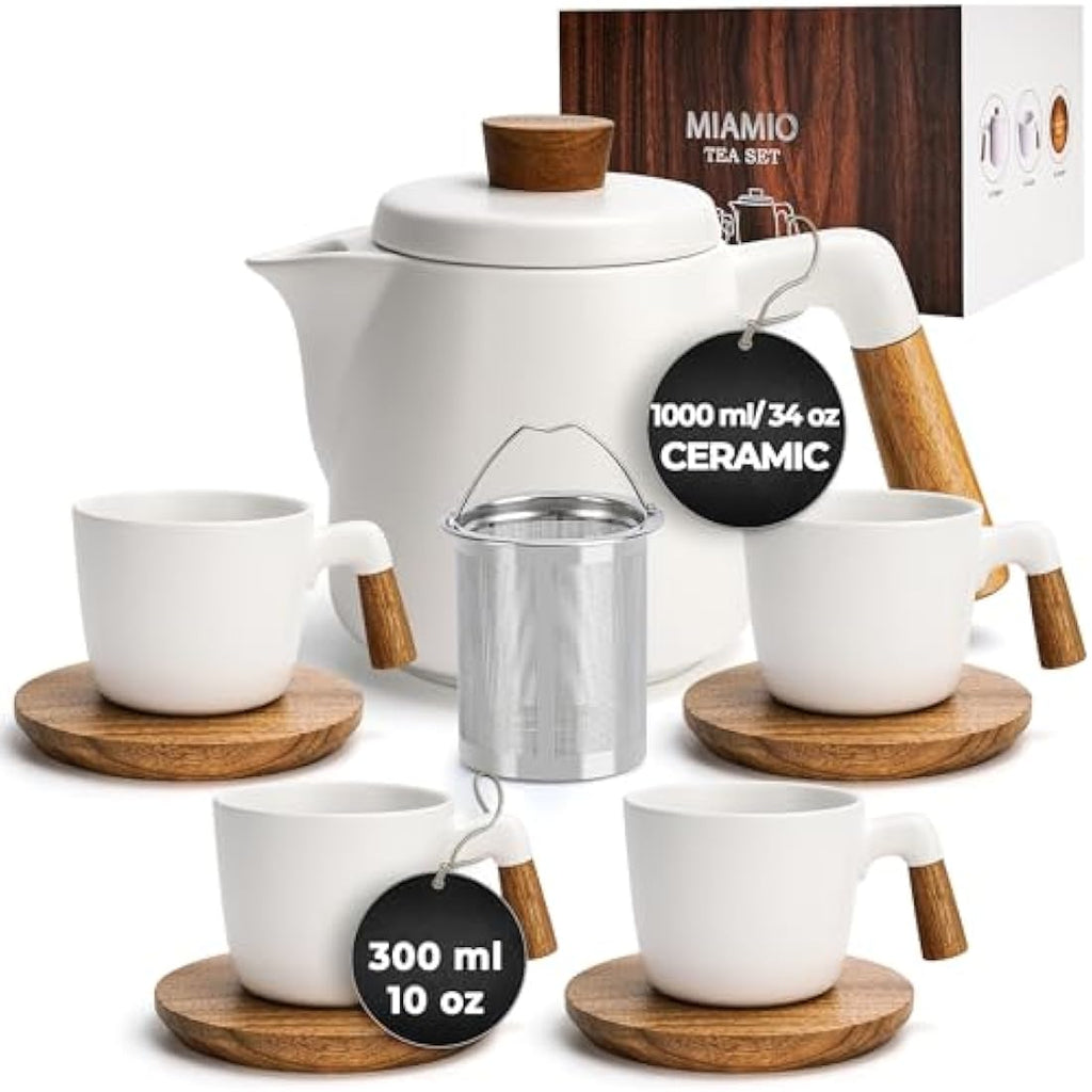 MIAMIO Ceramic Tea Pot Set with Infuser, 4 Mugs and Bamboo Saucers - White