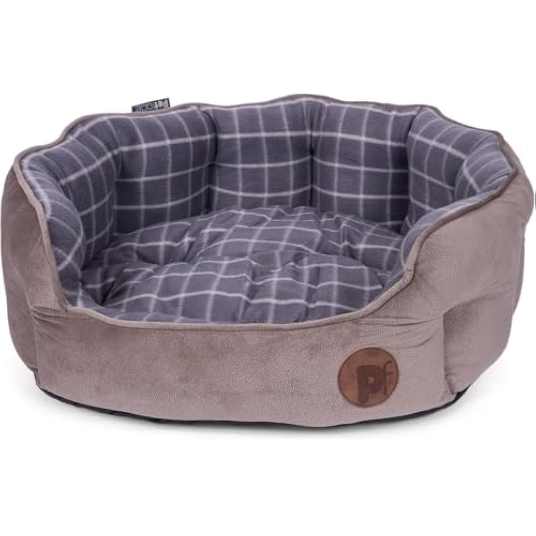 Petface Bamboo Oval Dog Bed – Medium Plush Grey Check Pet Bed