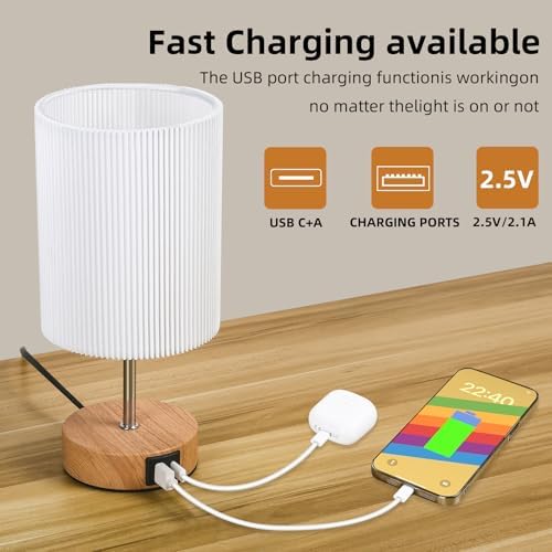 Aomeya Touch Bedside Lamp with USB-C & A Ports | 3-Way Dimmable LED