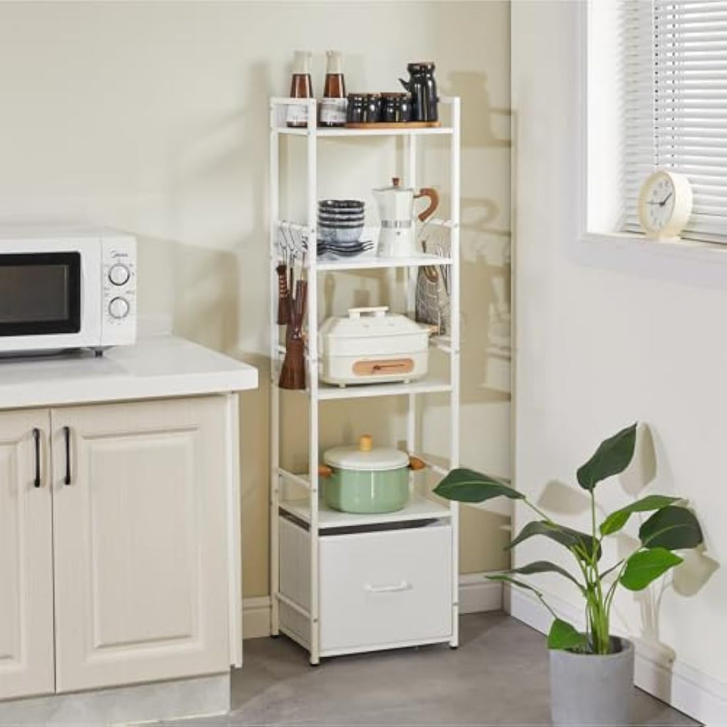 Aibiju 5-Tier Ladder Bookshelf with Drawer | White Steel Frame Plant Stand