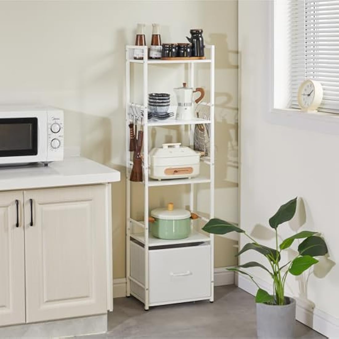 Aibiju 5-Tier Ladder Bookshelf with Drawer | White Steel Frame Plant Stand