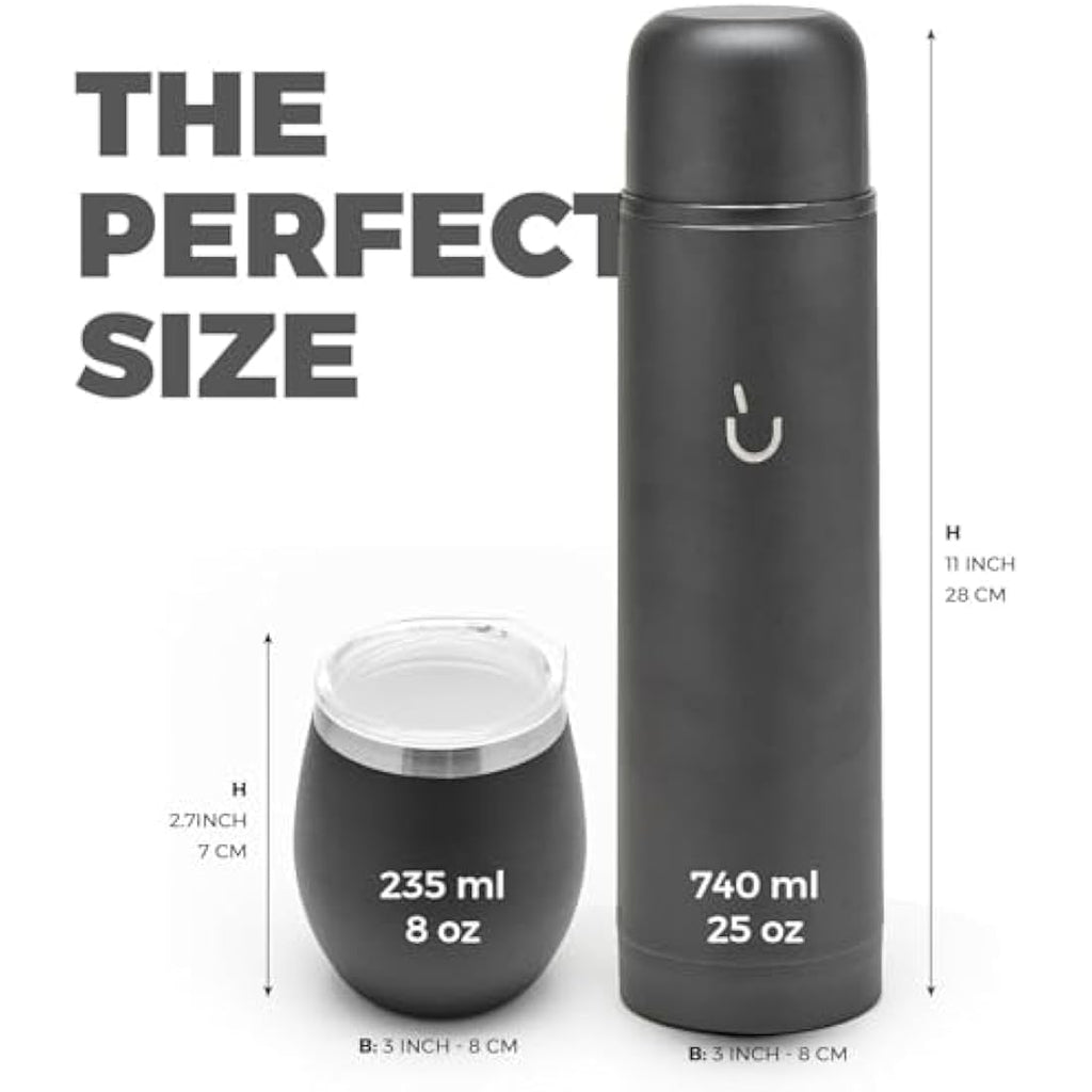 Balibetov Yerba Mate Set – Stainless Steel Gourd, Flask and Bombilla (Black)