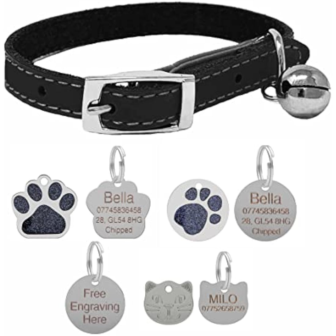 Leather Cat Collar | Safety Elastic & Bell - Black