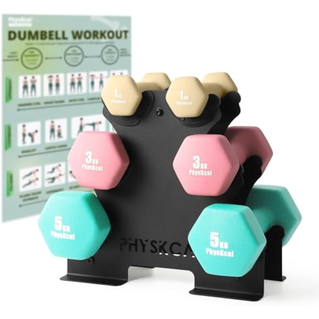 PhysKcal 18kg Dumbbells Set with Steel Rack | Neoprene Hand Weights